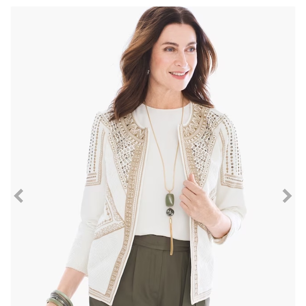 NWT Chico’s Linen Cream Gold Embellished Open Cotton / Lace Blazer/Jacket,Size 8